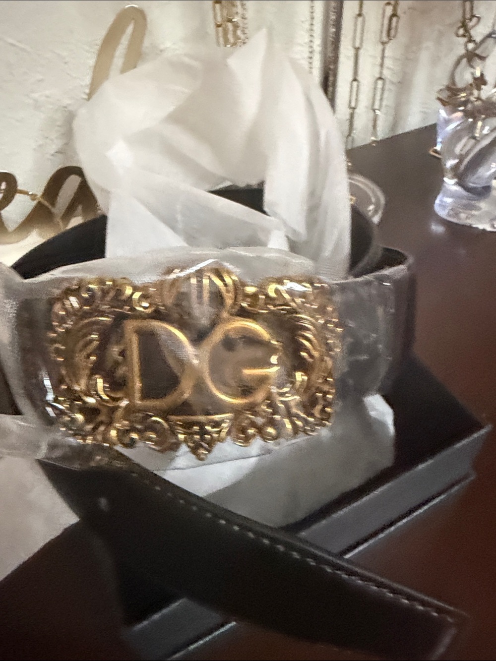Black Leather Belt with Ornate Gold Buckle